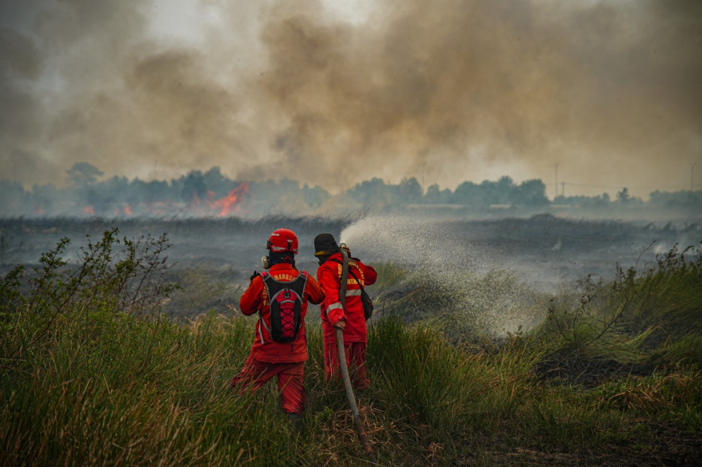 Kebakaran hutan dan lahan yang masih berlangsung menyebabkan jarak pandang di sejumlah wilayah Sumatera Selatan menurun.