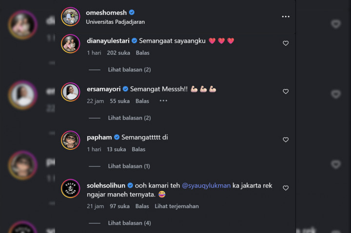 Keputusan Omesh untuk kembali kuliah mendapat dukungan dari sang istri, Dian Ayu. “Semangat sayangku,” tulis Dian Ayu di kolom komentar unggahan Omesh