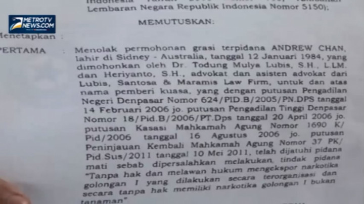 Presiden Tolak Grasi Terpidana Mati Andrew Chan