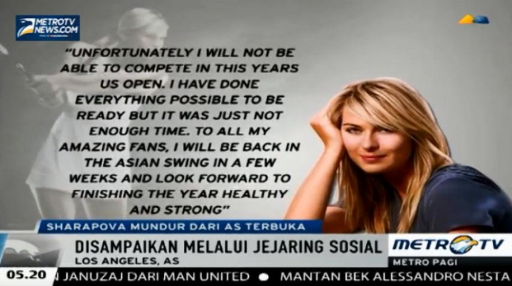 Sharapova Mundur dari Turnamen Grand Slam Amerika Serikat Terbuka