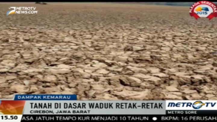 Tanah Dasar Waduk Terbesar di Cirebon Retak-retak Akibat Kekeringan