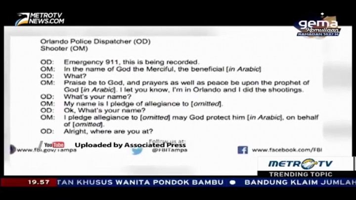 FBI Rilis Transkrip Panggilan Telefon Pelaku Penembakan Orlando