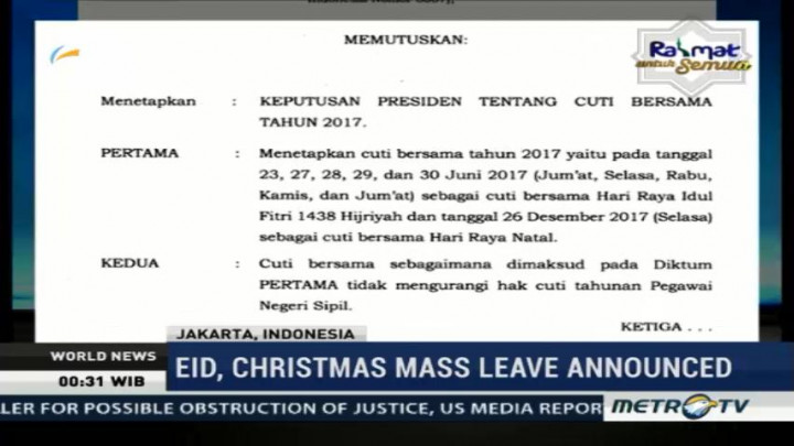 Eid, Christmas Mass Leave Announced