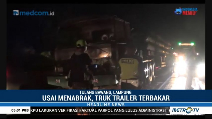 Truk Trailer Terbakar Usai Tabrak 4 Kendaraan di Jalintim Tulang Bawang