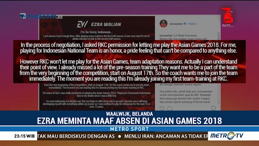 Ezra Walian Absen di Asian Games 2018
