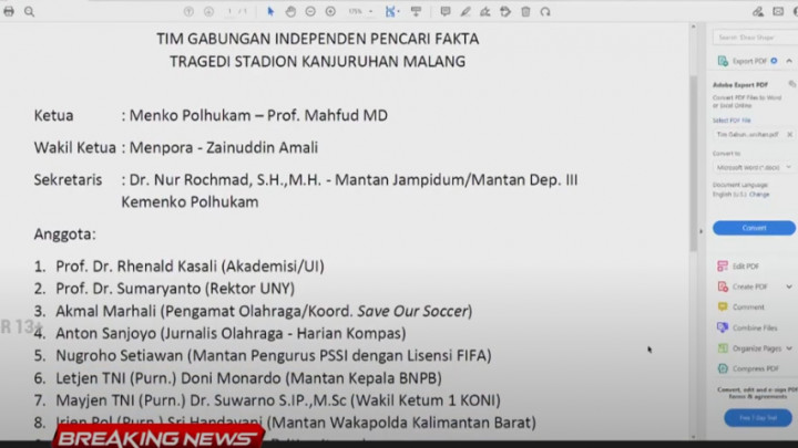 Pemerintah Bentuk TGIPF Tragedi Kanjuruhan, Berikut Daftar Nama Anggotanya