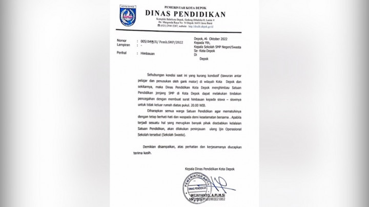 Buat Cegah Tawuran, Pelajar SMP di Depok Dilarang Keluar Rumah Malam Hari