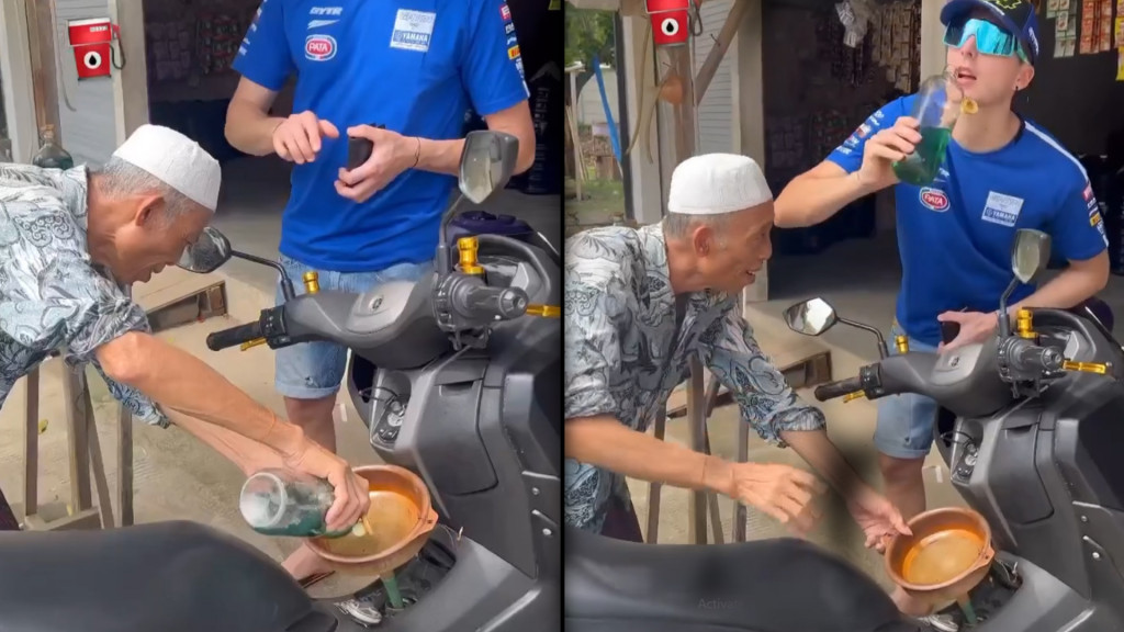 Aksi Kocak Pembalap Lorenzo Baldassarri saat Isi Bensin Eceran di Mandalika