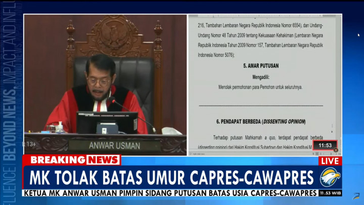 Tok! Mahkamah Konstitusi Tolak Gugatan Batas Usia Capres-Cawapres