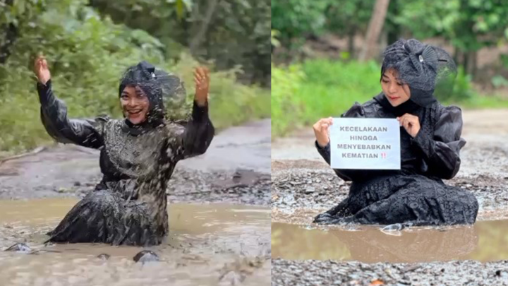 Viral! Selebgram Mandi Lumpur Kritik Jalan Rusak di Lampung