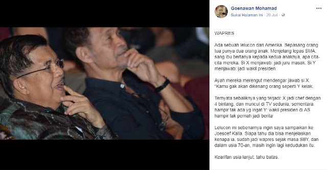 Goenawan Mohamad Sindir Wapres Kalla