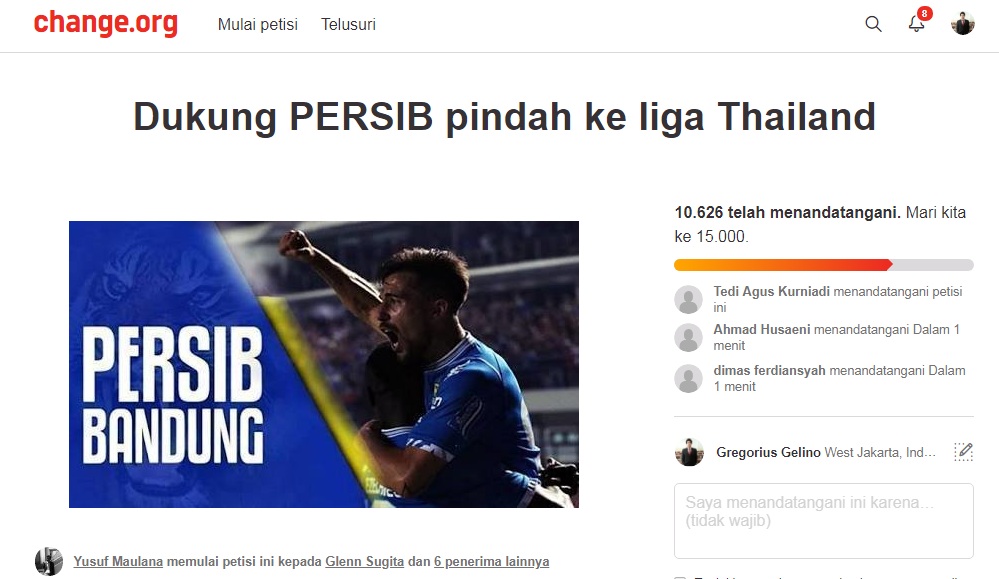 Petisi Dukung Persib Pindah Liga Thailand Tembus 10 Ribu Tanda Tangan
