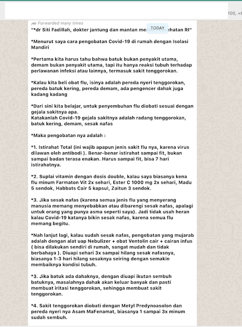 Cek Fakta Beredar Tulisan Mantan Menkes Siti Fadilah Soal Cara Pengobatan Covid 19 Di Rumah Ini