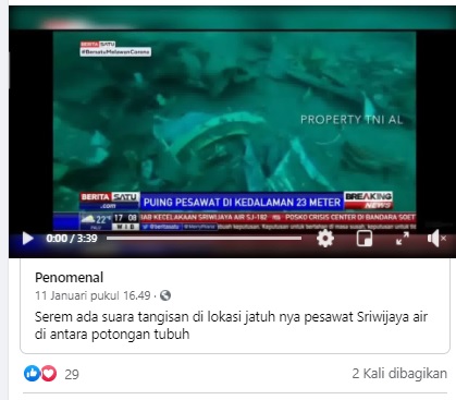 [Cek Fakta] Suara Tangisan di Dasar Laut Lokasi Jatuhnya Pesawat Sriwijaya Air SJ-182? Ini Faktanya