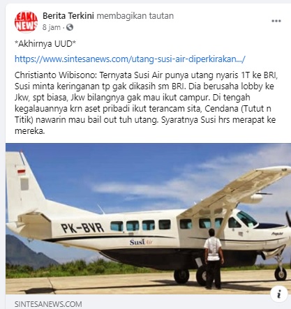 [Cek Fakta] Susi Air Punya Utang Rp1 Triliun ke BRI? Ini Faktanya