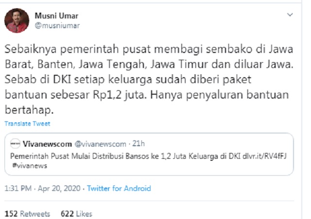 [Cek Fakta] Setiap Keluarga di DKI Jakarta Diberi Bantuan Sebesar Rp1,2 juta? Ini Faktanya