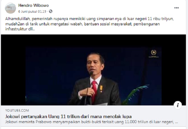[Cek Fakta] Pemerintahan Jokowi Simpan Uang Rp11 Ribu Triliun di Luar Negeri? Ini Faktanya