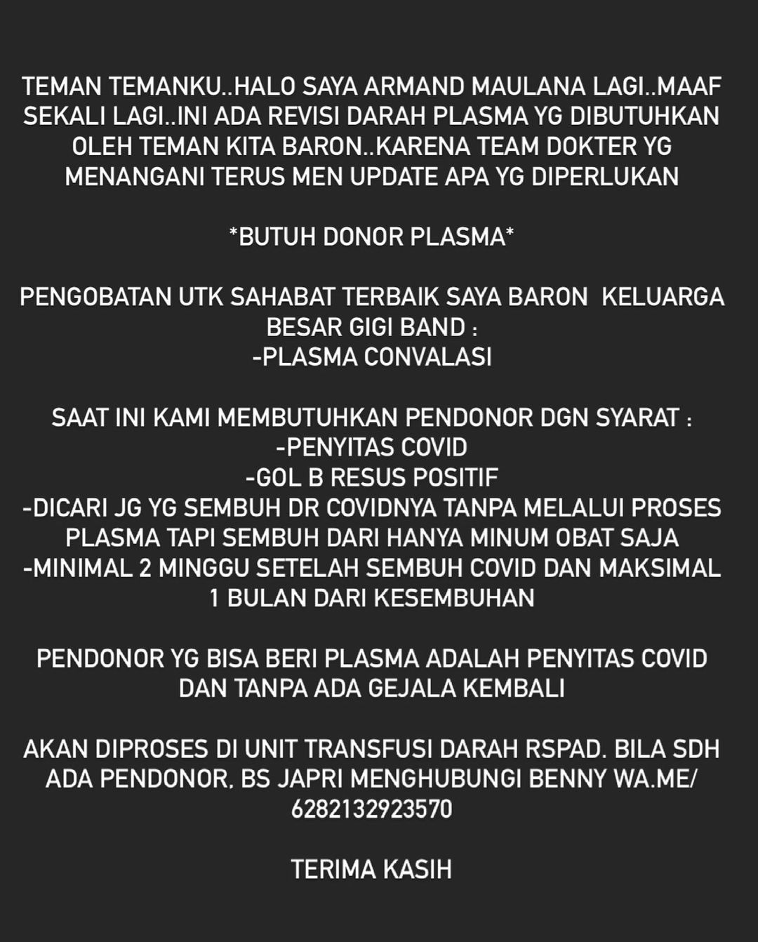 Aria Baron Positif Covid-19, Armand Maulana Cari Pendonor Plasma