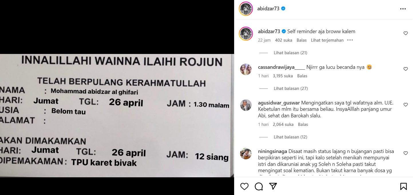 Unggah Foto Tanggal Kematiannya di Instagram, Abidzar Al Ghifari: <i>Self Reminder</i> Aja