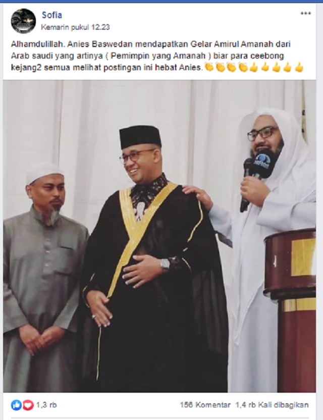 [Cek Fakta] Anies Baswedan Mendapat Gelar <i>Amirul</i> <i>Amanah</i> atau Pemimpin yang Amanah dari Arab Saudi? Ini Faktanya