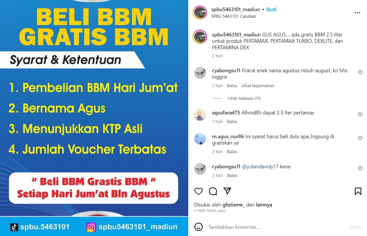 Kabar Gembira! Pemilik Nama Agus Bakal Dapat Bensin Gratis Selama Bulan Agustus di SPBU Ini