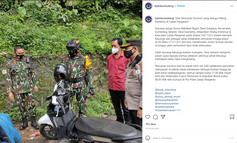 BPBD Sumedang dan Tim SAR gabungan mencari Yana Supriatna yang hilang misterius di Jalan Cadas Pangeran, Sumedang. Instagram @bpbdsumedang