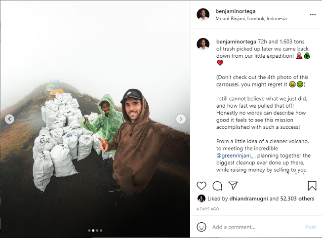 Bule Prancis Benjamin Ortega berhasil angkut sampah 1,8 ton di Gunung Rinjani. Instagram