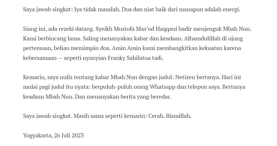 Hoaks! Keluarga Bantah Kabar Cak Nun Meninggal Dunia