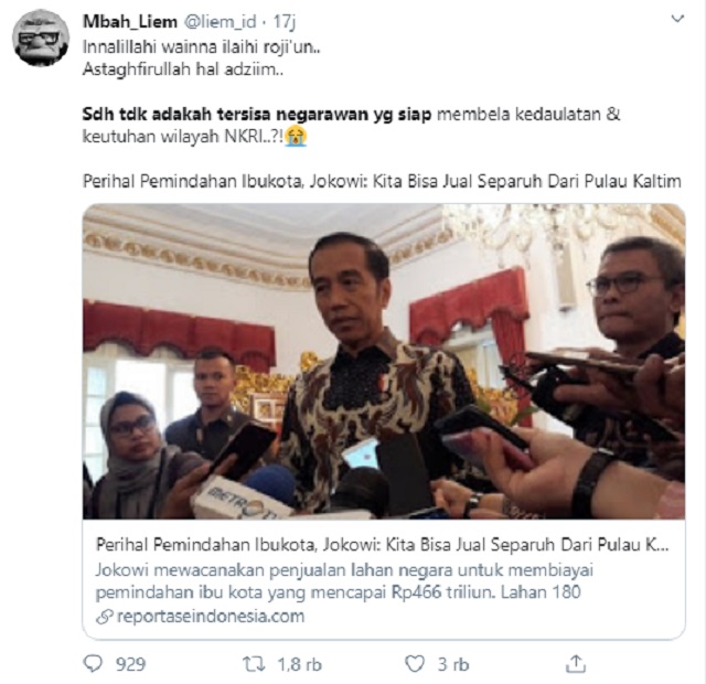 [Cek Fakta] Benarkah Jokowi Jual Separuh Pulau Kalimantan untuk Membiayai Ibu Kota Baru? Ini Faktanya