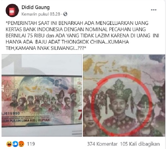 [Cek Fakta] Terdapat Baju Adat Tiongkok dalam Gambar Uang Pecahan 75 Ribu Rupiah? Ini Faktanya