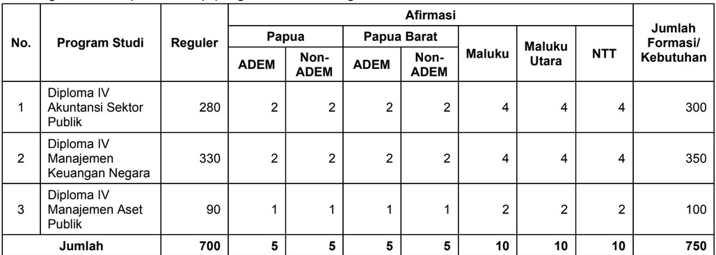 Daftar formasi SPMB PKN STAN 2022