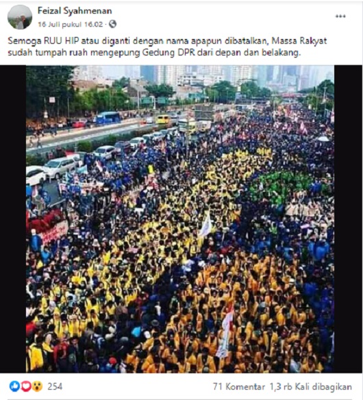 [Cek Fakta] Beredar Foto Demonstran Sudah Tumpah Ruah Mengepung Gedung DPR Tolak RUU HIP? Cek Faktanya