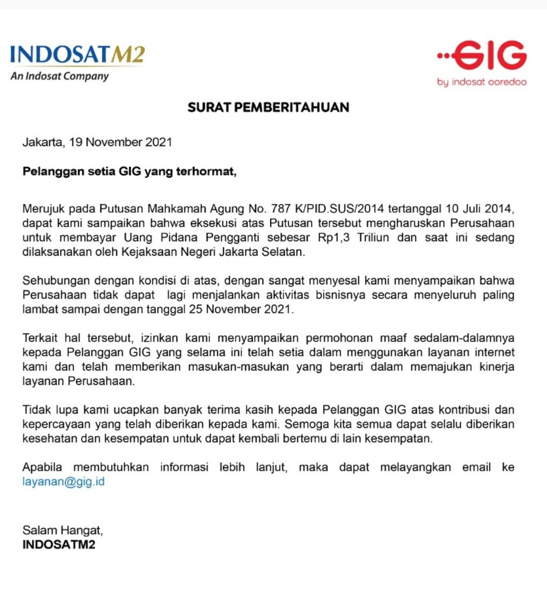 Surat pemberitahuan Indosat GIG tutup. Sumber: Twitter