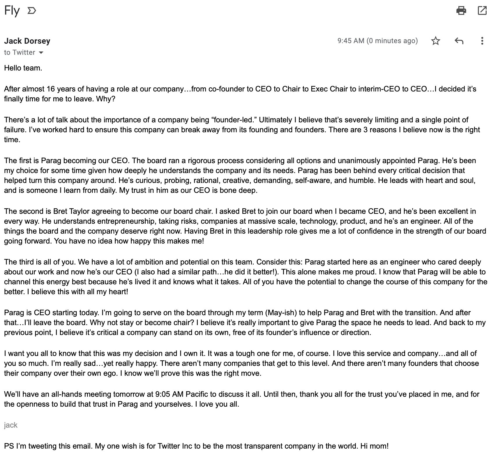 Isi email perpisahan Jack Dorsey sebagai CEO Twitter. Sumber: Twitter @jack