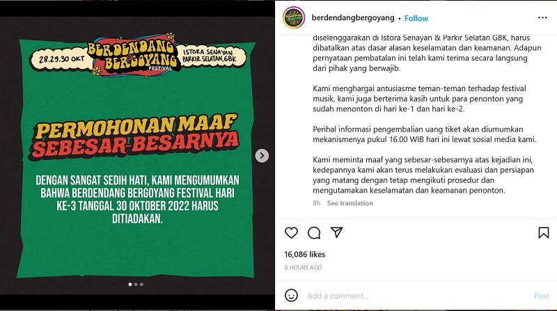 Alasan Keselamatan, Festival Berdendang Bergoyang Hari Ketiga Ditiadakan