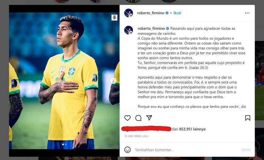 Tak Masuk Skuad Brasil di Piala Dunia 2022, Firmino Sampaikan Pesan Menyentuh di Instagram