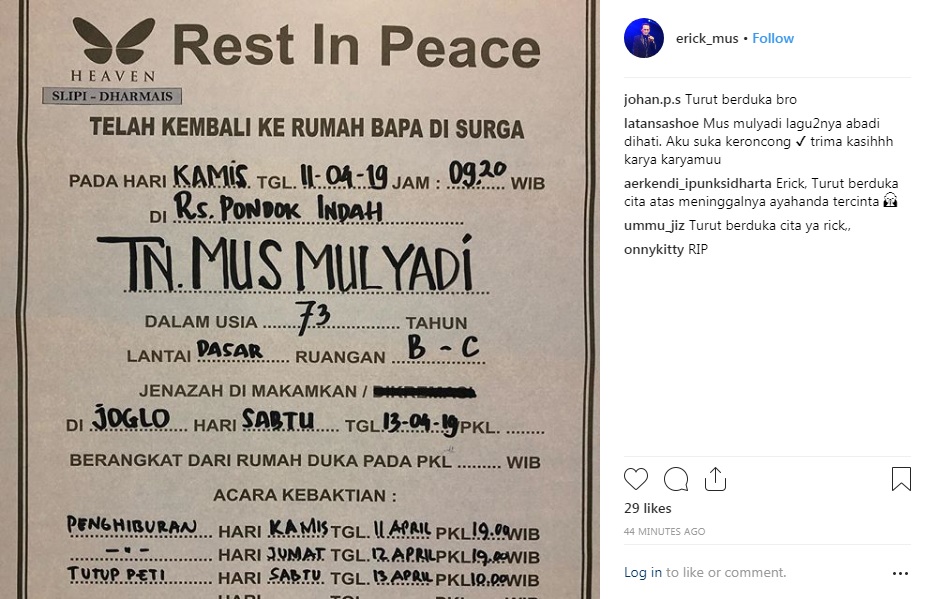Musisi Mus Mulyadi Dimakamkan Hari Sabtu Lusa