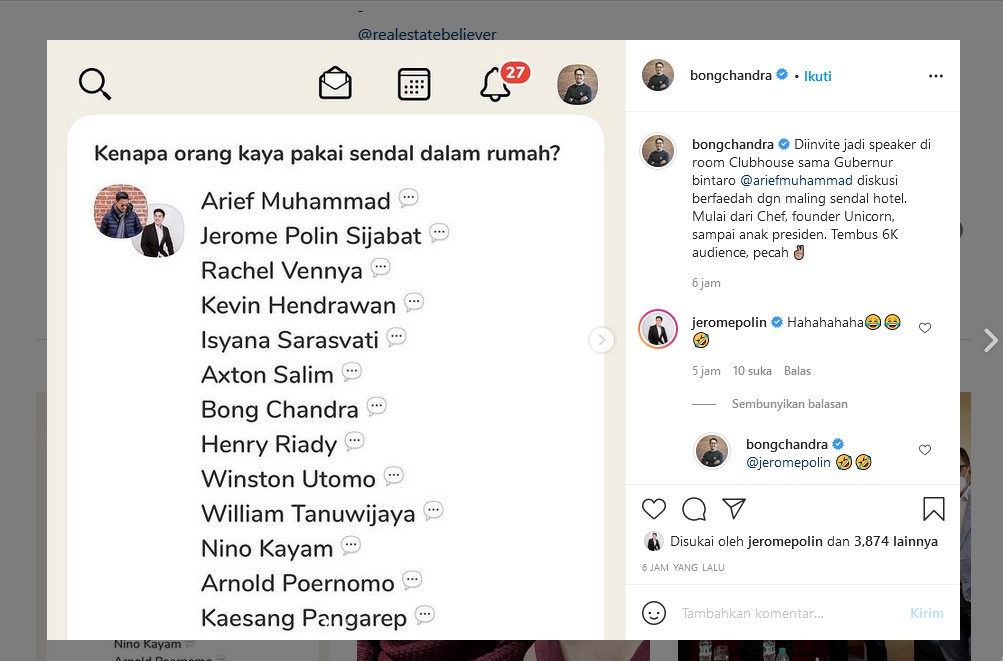 Chef Arnold sampai Kaesang <i>Ngobrol</i> Seru di Clubhouse, Bahas Soal Sandal