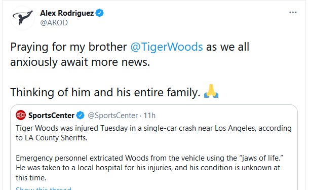 Tiger Wood Kecelakaan, Para Atlet Kirim Doa