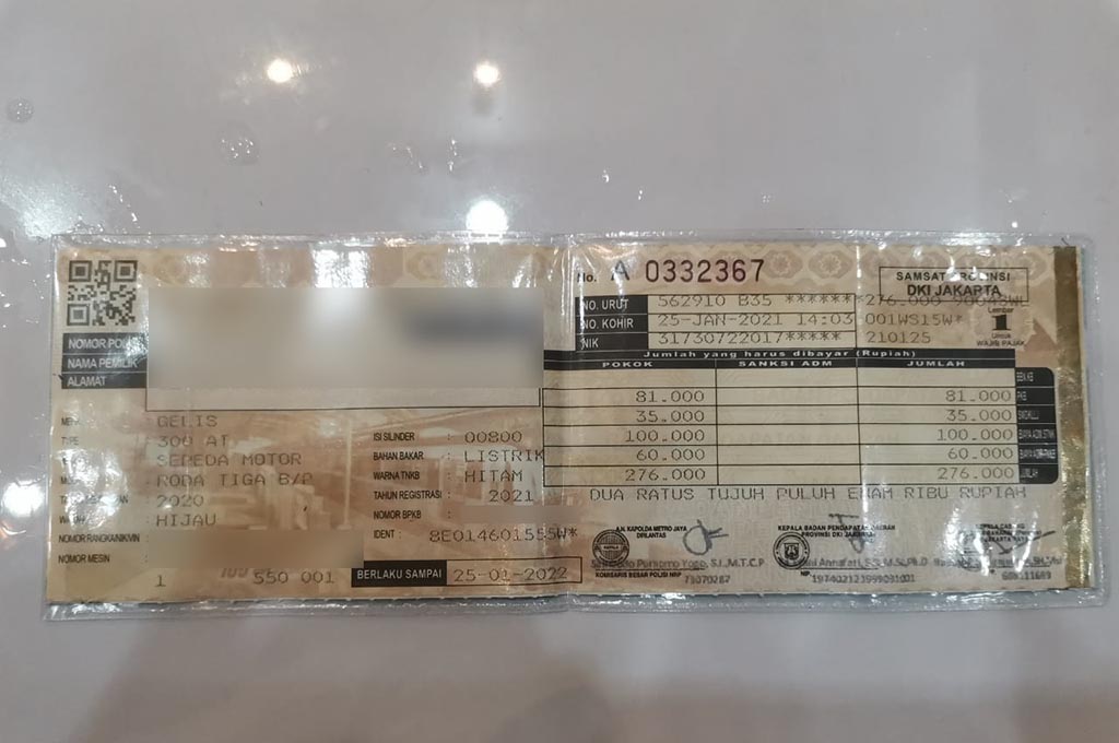 Mengintip STNK Motor Roda Tiga Listrik, Bebas Pajak BBN-KB