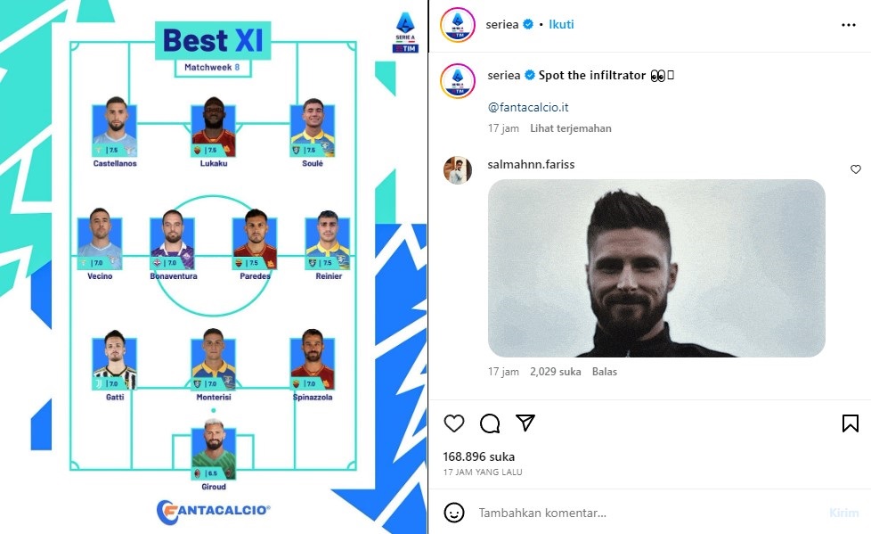 Olivier Giroud Masuk Best XI Liga Italia Pekan ke-8, Tapi Kok Posisinya…