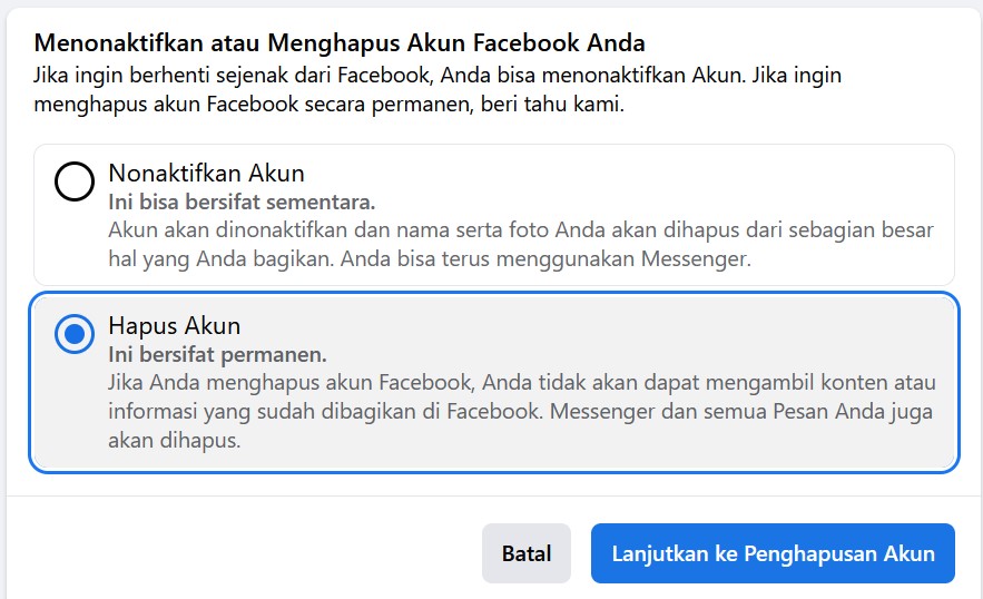 Tampilan hapus akun FB