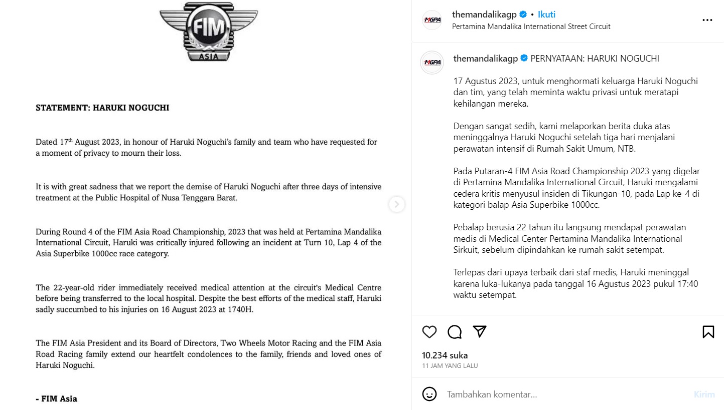 Pembalap Haruki Noguchi Meninggal Dunia Usai Balapan di Mandalika