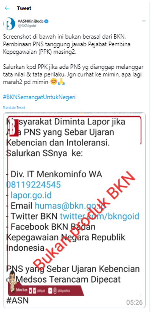 [Cek Fakta] Ajakan Melaporkan ASN Intoleran Bersumber dari BKN dan Kemenkominfo, Benarkah?