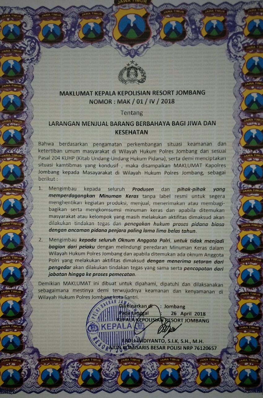 Kapolres Jombang Keluarkan Maklumat Peredaran Miras
