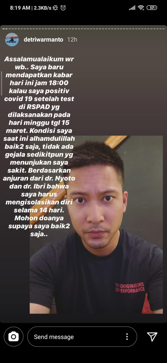 Aktor Detri Warmanto, Menantu Menteri Tjahjo Kumolo Positif Korona