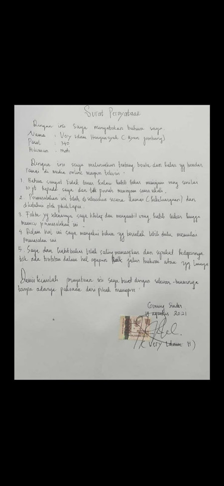 Beredar Surat Pernyataan Ryan Jombang Sebut Bahar Tak Pernah Pinjam Uang