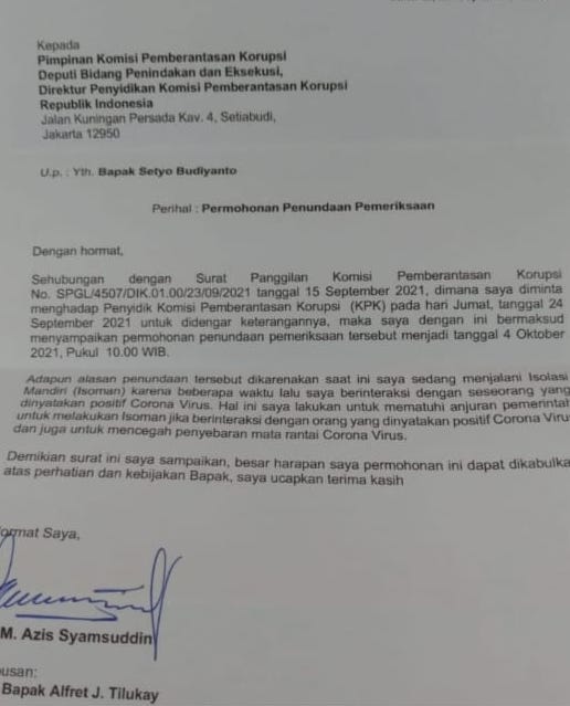 Alasan Isoman, Azis Syamsuddin Minta Pemeriksaan Dijadwalkan Ulang