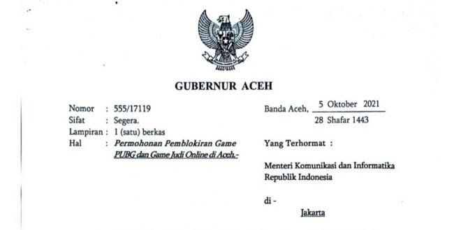 Gubernur Aceh Minta Menkominfo Blokir Gim PUBG
