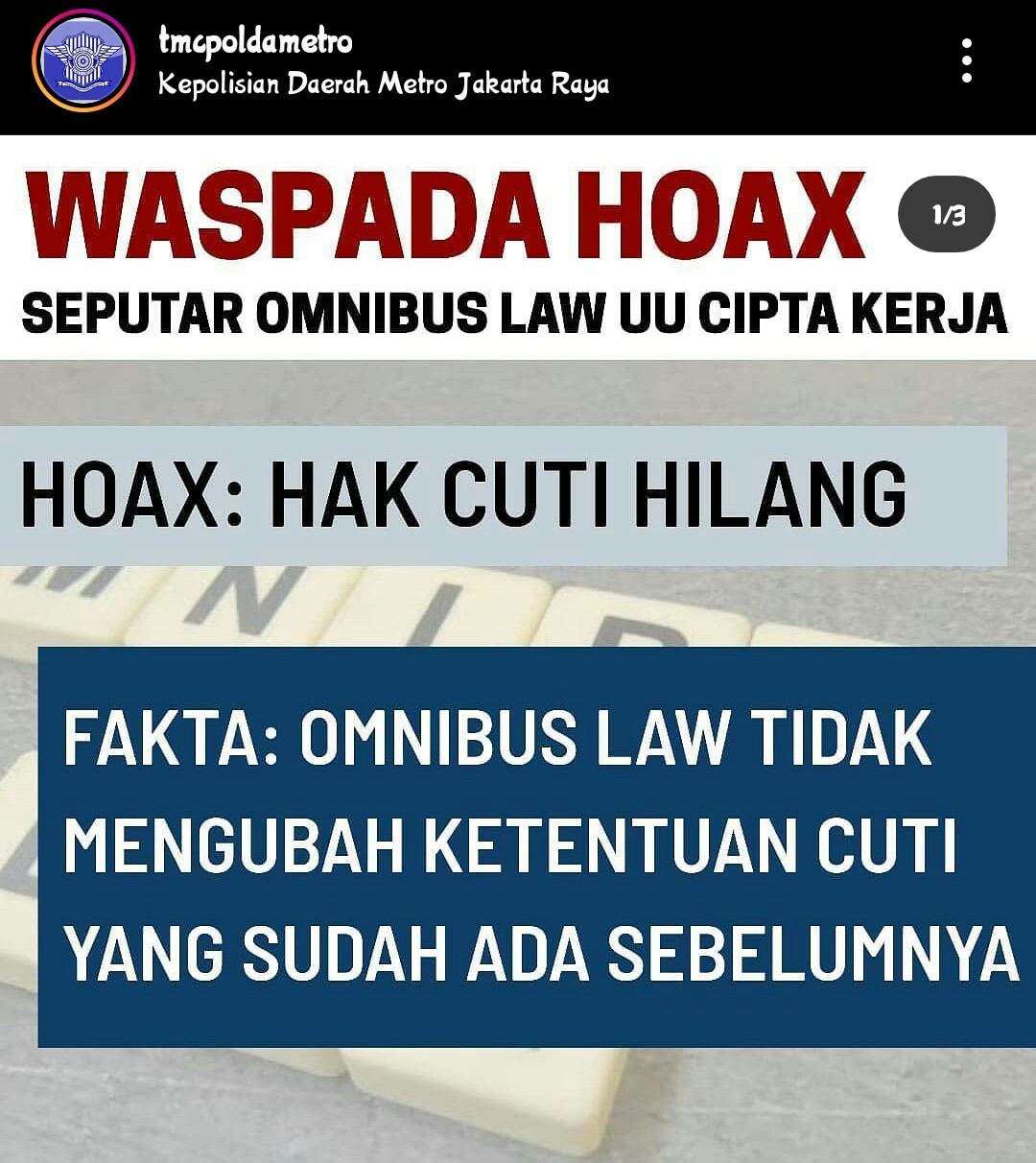 Akun Info Lalu Lintas Polda Metro Ikut Tangkal Hoaks soal UU Cipta Kerja